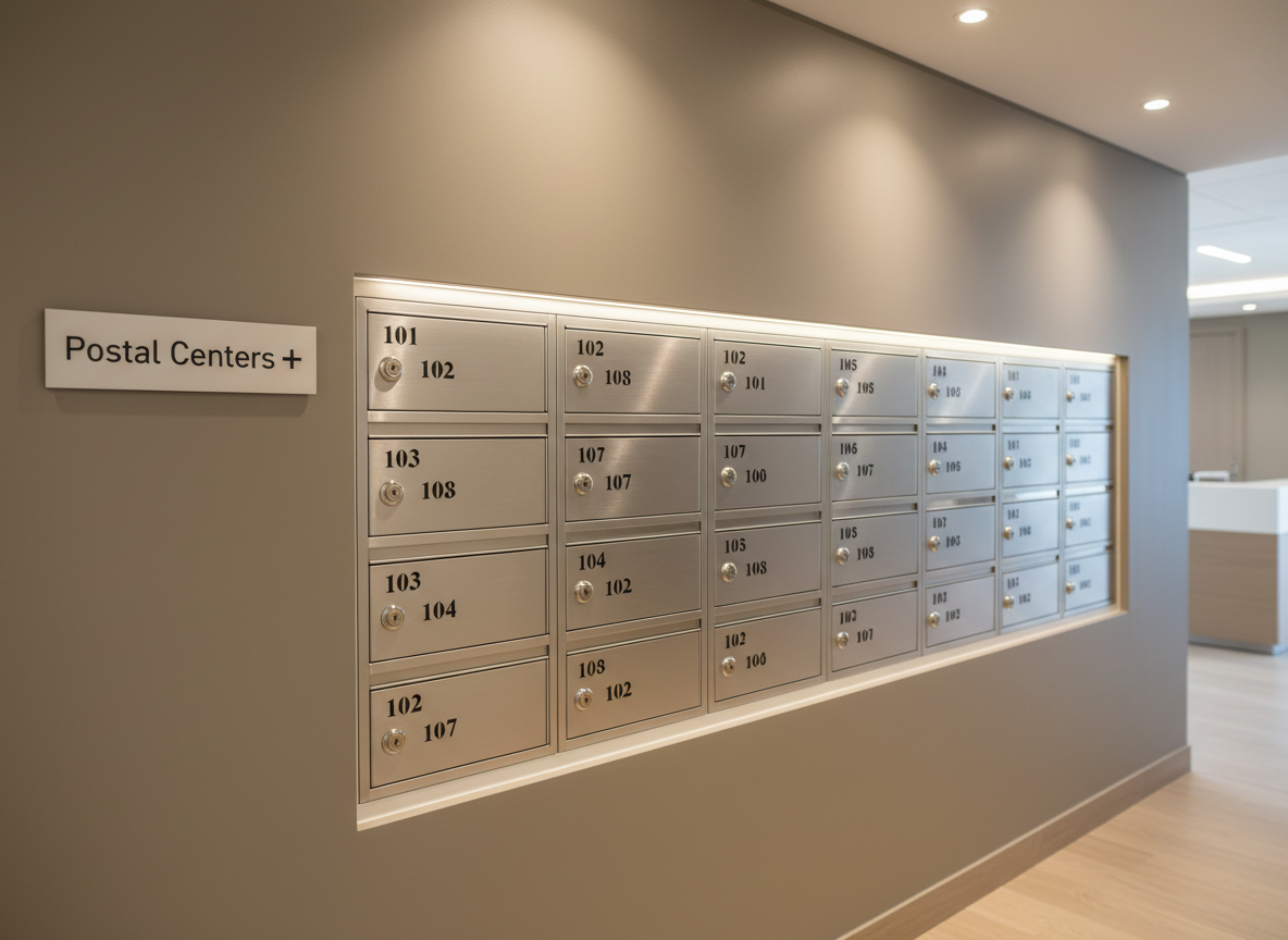 A row of premium private mailboxes in photographic realism, each a brushed aluminum compartment with precise black numbering and small, polished keyholes, set into a recessed wall panel of smooth, warm gray. A discrete Postal Centers + plaque in muted silver sits at one end. Soft, diffused overhead lighting casts gentle highlights along the metal edges, giving a subtle sheen without glare. Captured from a slightly angled side perspective, the focus is sharp across the entire grid, emphasizing order and security. The foreground includes a minimal strip of light wood flooring, while the background fades softly, creating a calm, trustworthy, and professional atmosphere suited to a modern business center.