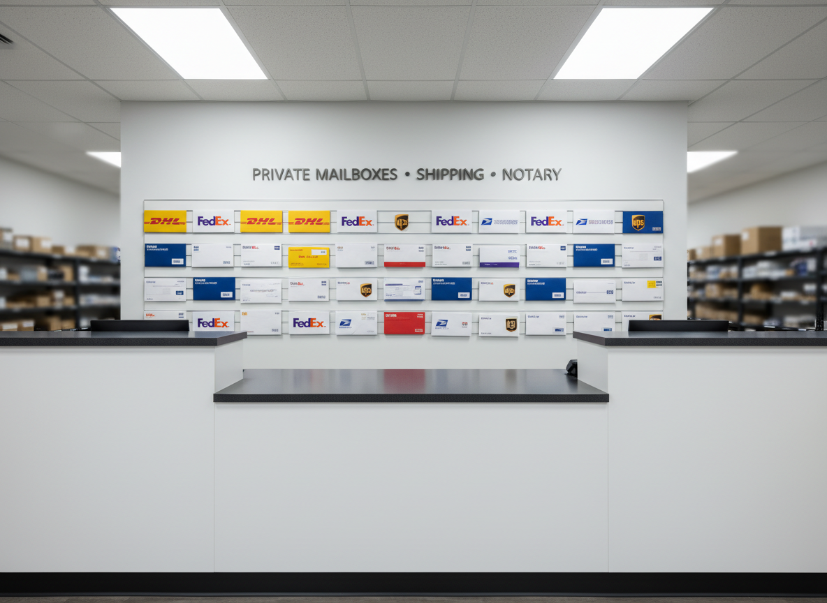 A sleek, well-organized shipping center front counter in photographic realism, with a long matte-white service counter topped by dark charcoal laminate. Behind it, a clean wall of perfectly aligned DHL, FedEx, USPS, and UPS branded boxes and envelopes, each with crisp logos and vivid colors. Discreet signage reading “Private Mailboxes • Shipping • Notary” appears above in brushed metal letters. Cool, even overhead LED lighting creates soft, shadow-free illumination and gentle reflections on the counter surface. Shot at eye level with a wide-angle lens, the composition uses the rule of thirds, emphasizing clarity and professionalism. The atmosphere is calm, efficient, and modern, with a slightly blurred background of organized shelving to suggest depth without distraction.