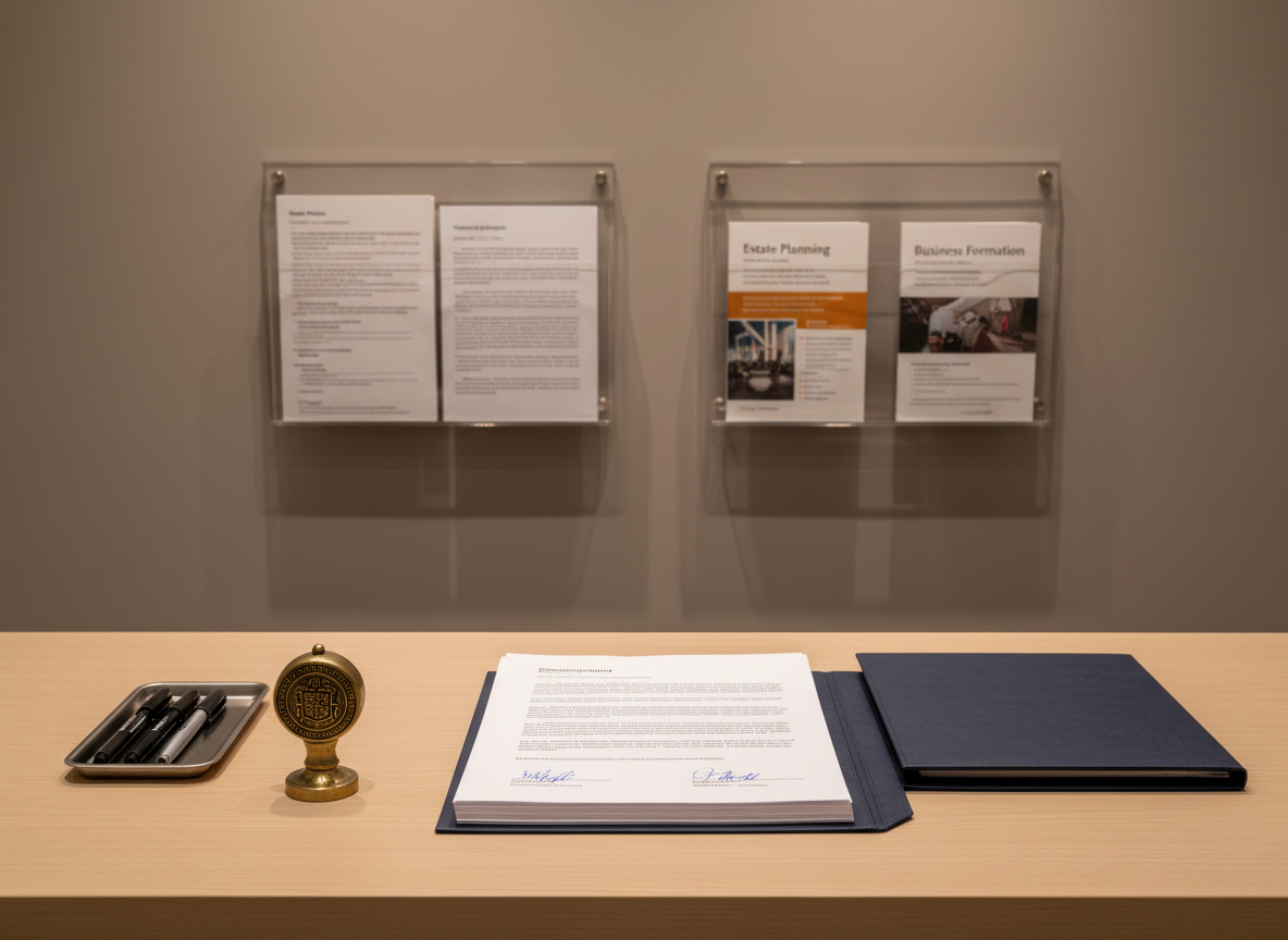 A tidy notary and document services station in photographic realism, featuring a minimalist light-wood desk with a neatly stacked set of crisp legal documents, an embossed notary seal resting beside a closed dark-navy folder, and a small metal tray of neatly arranged pens. Behind the desk, a neutral taupe wall holds clear acrylic holders with organized forms and brochures. Soft, warm overhead lighting creates an even, inviting illumination with gentle shadows beneath the objects. The scene is framed at a slightly elevated angle, centered on the seal and documents, with a shallow depth of field that subtly blurs the wall and holders. The mood is organized, reliable, and professional, emphasizing precision and attention to detail in administrative services.
