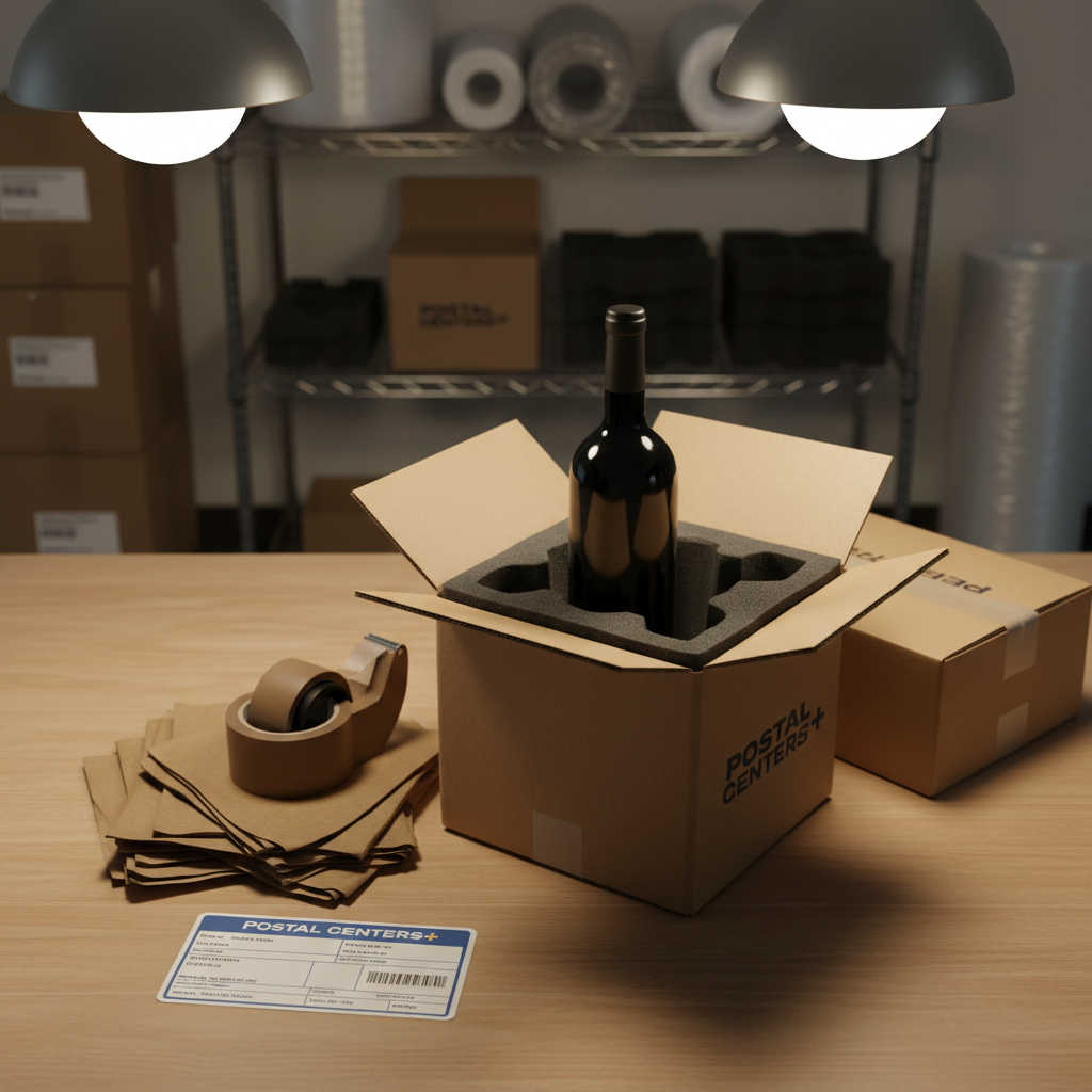 A specialized wine shipping preparation table in photographic realism, featuring an elegant, unopened dark glass wine bottle standing upright in a custom-molded foam insert, surrounded by high-quality corrugated shipping cartons designed for bottles. The tabletop is a smooth, light oak surface with a roll of sturdy packing tape, cushioning materials, and a discreet Postal Centers + branded shipping label ready to apply. Overhead, warm white pendant lighting pools softly onto the workspace, creating gentle highlights on the glass bottle and subtle shadows around the foam contours. Captured from a slightly elevated, close-up angle, the background shows a softly blurred shelving unit with more wine shipping supplies. The mood is meticulous, premium, and trustworthy, emphasizing safe, compliant shipment of delicate goods.