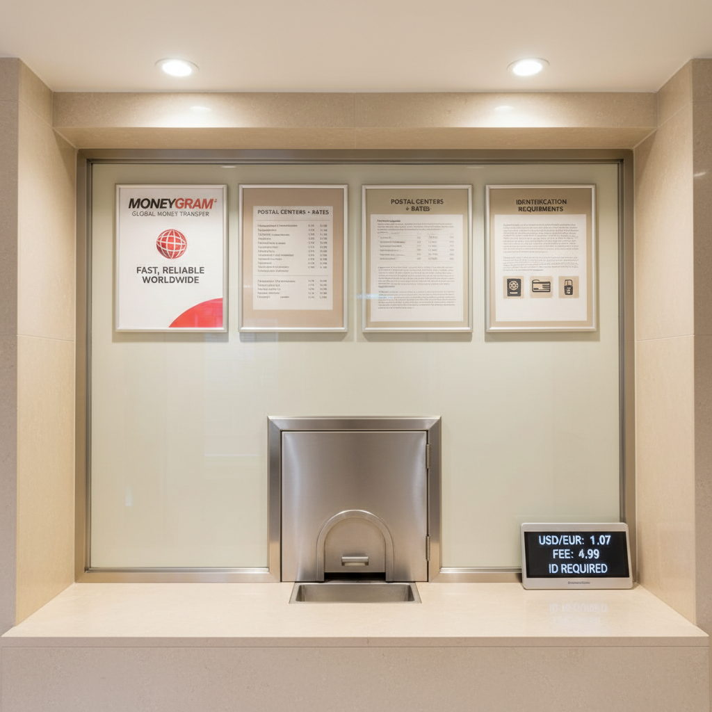 A clean MoneyGram and financial services counter in photographic realism, featuring a compact, brushed-steel service window set into a smooth, light-stone countertop. Behind the glass, the wall displays clear, framed informational posters in red and white MoneyGram branding alongside neutral Postal Centers + notices about rates and identification requirements. The lighting is bright but warm, coming from recessed ceiling fixtures that cast soft, even illumination with minimal shadowing on the counter surface. A discreet digital display on the counter shows exchange and transfer information in crisp, legible fonts. Captured from an eye-level angle with a centered composition, the scene feels secure, transparent, and professional, conveying trust and clarity in money transfer services.