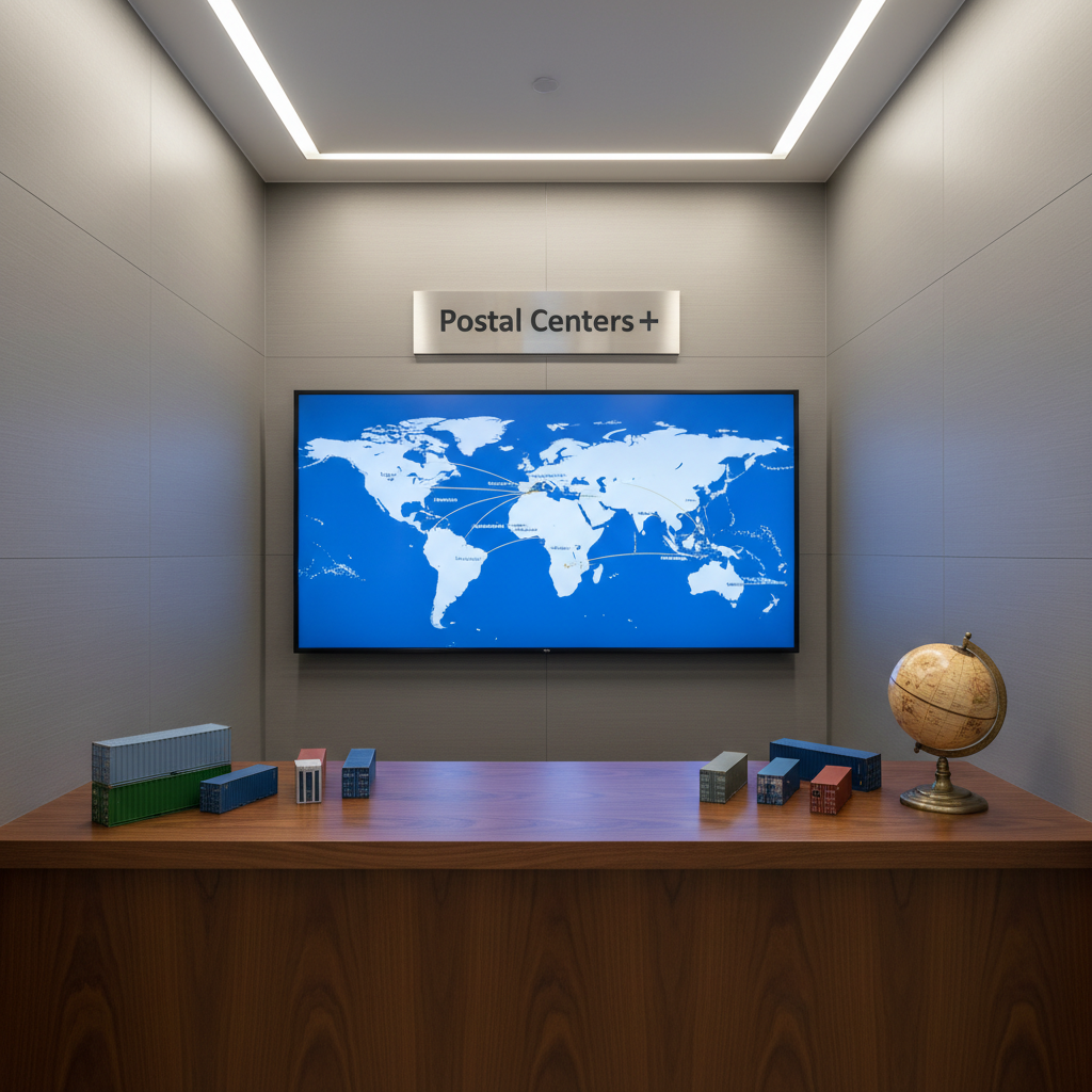 A dedicated freight and sea shipping consultation nook in photographic realism, with a sleek, dark-wood counter displaying miniature scale models of cargo containers and a small, detailed globe marked with major ocean shipping routes in fine lines. Behind the counter, a wall-mounted digital world map glows softly, highlighting key ports in cool blue tones. Neutral gray walls and a subtle brushed-metal Postal Centers + plaque reinforce a corporate atmosphere. Soft, indirect LED strip lighting along the ceiling creates an even wash of light, with no harsh shadows. Shot from an eye-level, straight-on perspective, the composition is balanced and orderly. The mood is strategic and global, emphasizing the center’s capability for international freight and sea shipping.