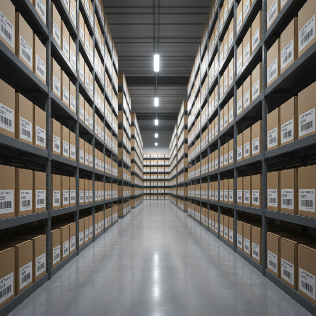 A secure warehouse storage area in photographic realism, featuring tall, powder-coated steel shelving units in deep gray, neatly filled with uniformly labeled cardboard boxes in various standard sizes. Each box has a clean white label with printed barcodes and organized alphanumeric codes. The polished concrete floor reflects a soft sheen from high, evenly spaced LED bay lights overhead, creating bright but diffused illumination with minimal harsh shadows. Captured from a low, wide-angle perspective down an aisle, the shelves converge in the distance, emphasizing depth, capacity, and order. The mood is controlled, efficient, and professional, underscoring reliable storage and logistics capabilities for a modern shipping center.
