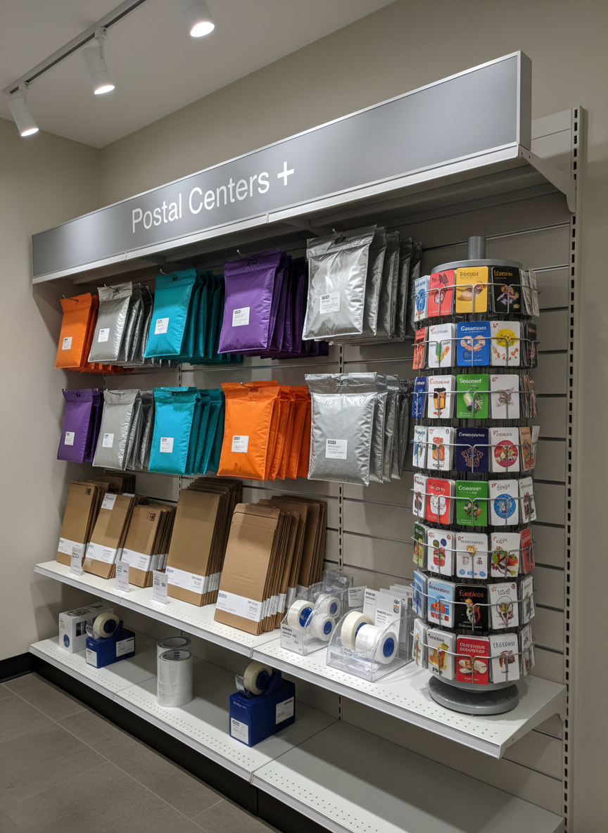 A carefully arranged retail display of shipping supplies and gift cards in photographic realism, with neatly stacked colorful bubble mailers, reinforced envelopes, packing tape, and roll labels on matte-white shelving. Adjacent to the supplies, a rotating rack of assorted branded gift cards in vibrant but orderly rows adds a touch of color, all aligned straight. The shelving stands against a light neutral wall, with subtle Postal Centers + branding on a small header panel. Overhead track lighting provides bright, focused beams, creating defined yet soft-edged shadows that emphasize shape and texture without clutter. Shot from a three-quarter angle at chest height, the composition highlights abundance and organization. The mood is convenient, efficient, and modern, encouraging easy add-on purchases while preparing shipments.