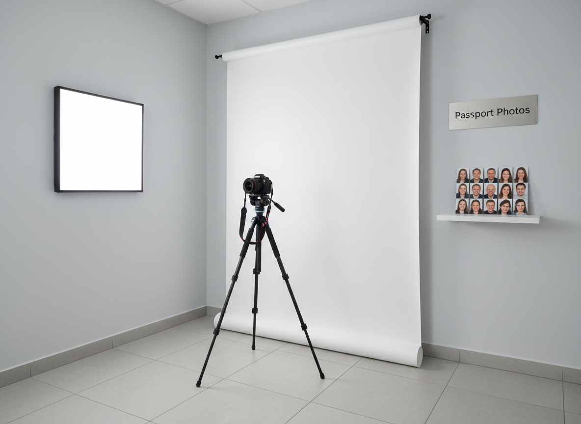 A dedicated passport photo corner in photographic realism, showcasing a simple white backdrop mounted on a clean, light-gray wall, with a compact, professional-grade camera on a sturdy black tripod facing it. To the side, a sleek wall-mounted LED panel provides bright, even, shadow-free illumination, its cool white light reflecting softly on the matte floor tiles. A small counter nearby displays a tidy stack of sample compliant passport photos and a discreet sign reading “Passport Photos” in clear, modern typography. Shot from a three-quarter angle, the composition highlights both camera and backdrop, with sharp focus throughout. The atmosphere is precise, efficient, and compliant, ideal for a trusted document and shipping center.
