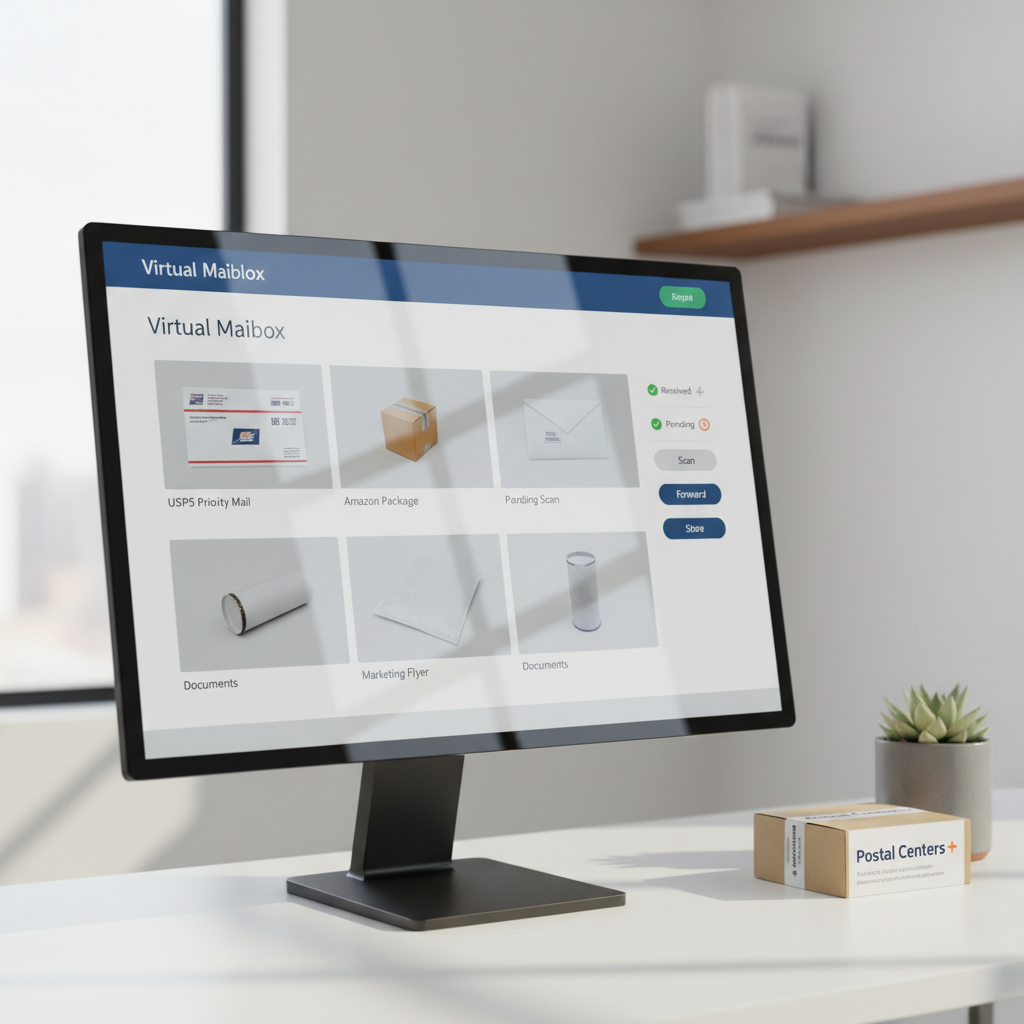 A modern virtual mailbox interface concept in photographic realism, displayed on a slim, frameless desktop monitor atop a clean white workstation. On the screen, a neatly designed dashboard shows thumbnail images of envelopes and packages with clear labels, status icons, and simple action buttons like “Forward,” “Scan,” and “Store.” Beside the monitor sits a compact, branded Postal Centers + parcel, and a small, minimalist plant in a matte-gray pot. Soft, natural daylight streams in from an unseen window to the left, creating gentle side lighting and subtle reflections on the monitor’s glass. Shot at eye level with a shallow depth of field, the room background is softly blurred, conveying a sleek, technology-forward, yet approachable service experience.